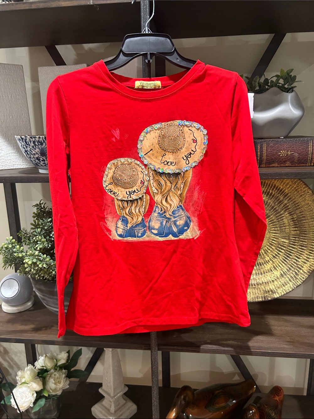 Vinizbena - made in Italy LargeRed Long-Sleeve Graphic Top with Embellished Hats